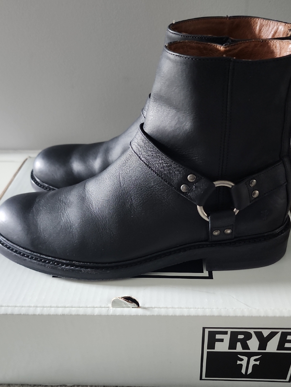 Frye Black Leather Harness Ankle Boots